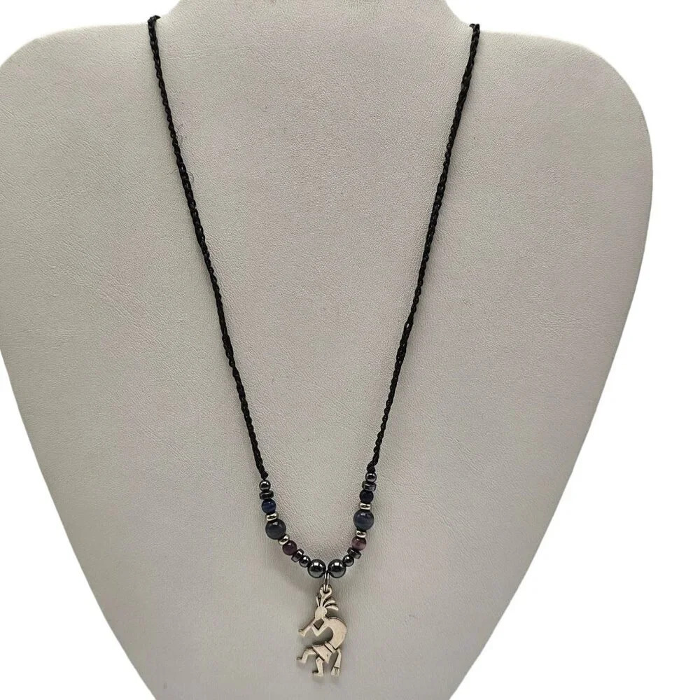 Glass Beads Kokopelli Pendant Braided Cord Necklace Silver Tone Vintage